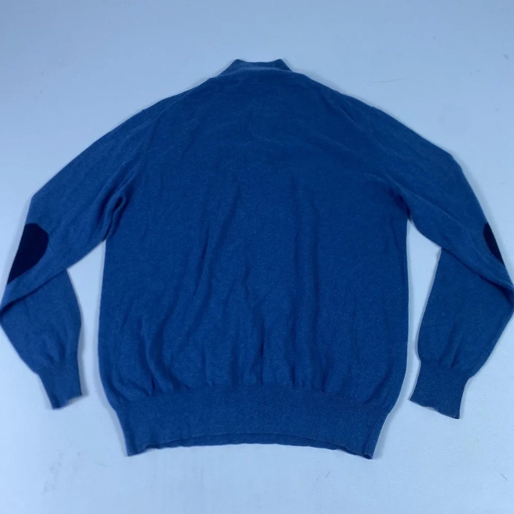 Alain Figaret Sweater Mens Large Blue 1/4‎ Zip Mock Neck Elbow Patch Knit